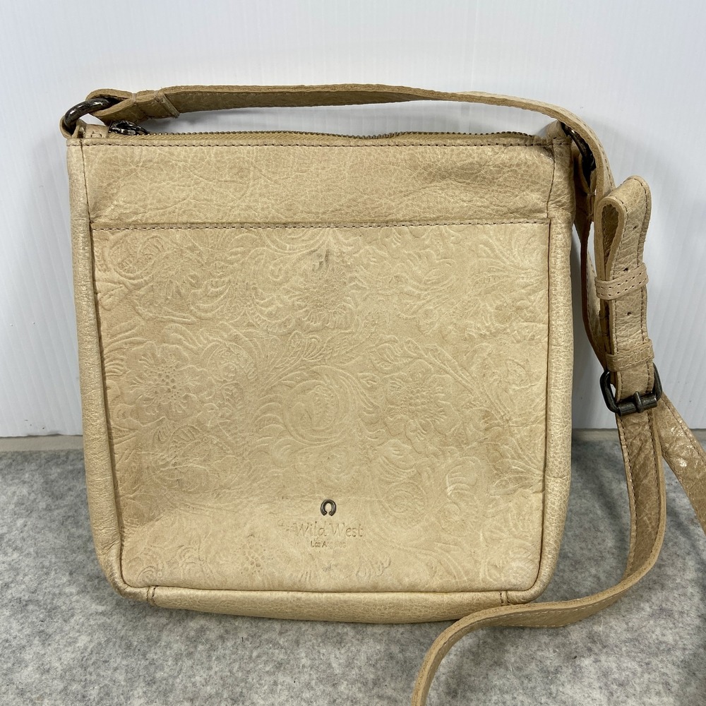 Wild‎ West Beige Floral Embossed Tooled Leather Crossbody Bag Adjustable Strap